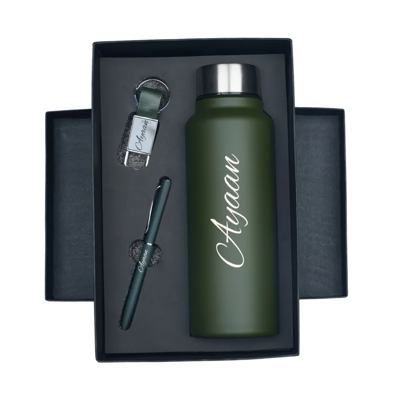 Personalized Olive Green Bottle, Pen &amp; Keychain Combo