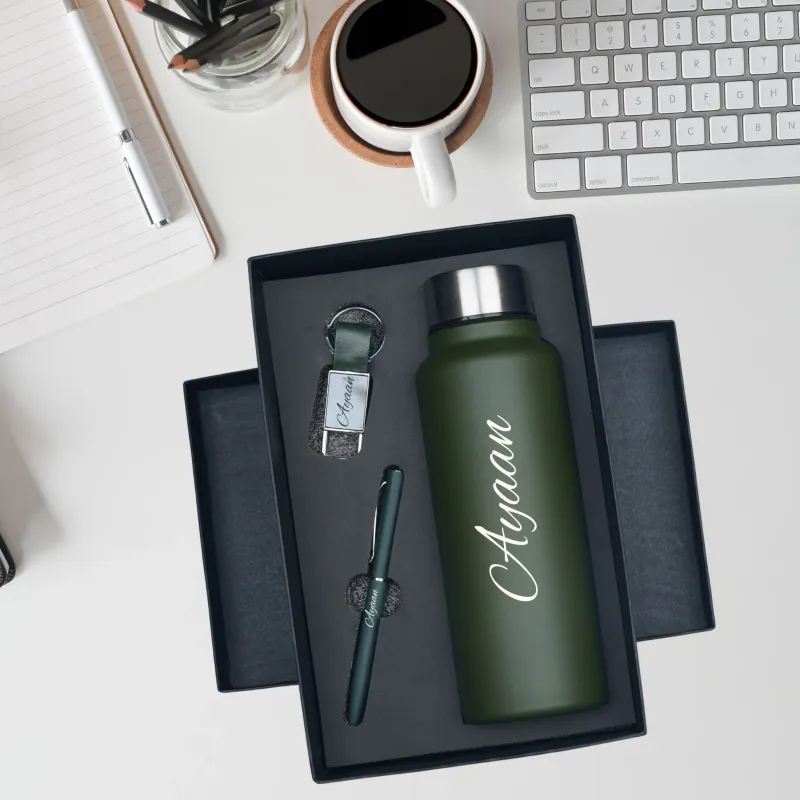 Personalized Olive Green Bottle, Pen &amp; Keychain Combo