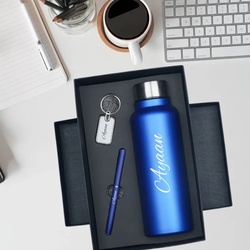 Personalized Royal Blue Bottle, Pen &amp; Keychain Combo