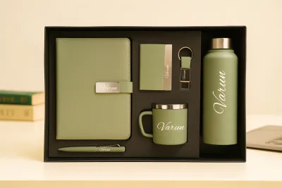 Light Green Metal Flip  Diary, Bottle, Mug, Cardholder, Pen &amp; Keychain (Personalized Corporate 6pc Combo)