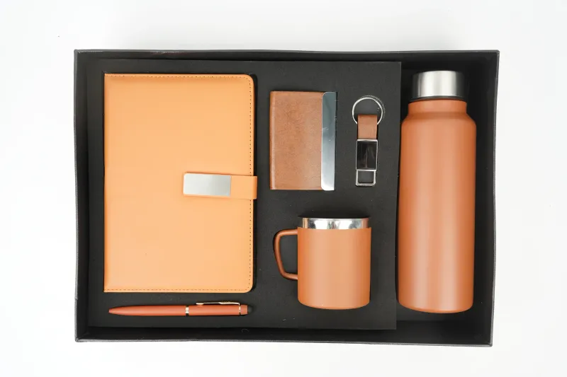 Tan Metal Flip  Diary, Bottle, Mug, Cardholder, Pen &amp; Keychain (Personalized Corporate 6pc Combo)