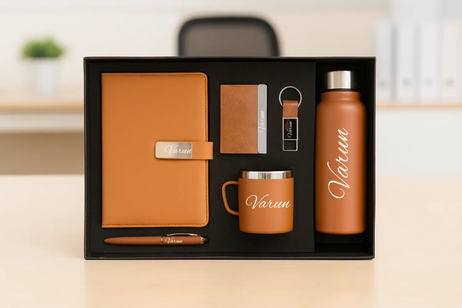Tan Metal Flip  Diary, Bottle, Mug, Cardholder, Pen &amp; Keychain (Personalized Corporate 6pc Combo)