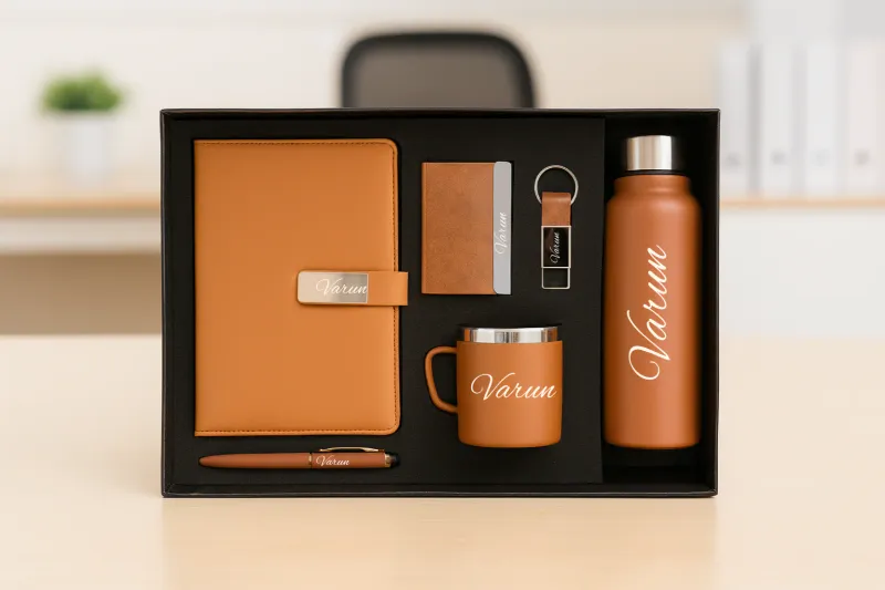 Tan Metal Flip  Diary, Bottle, Mug, Cardholder, Pen &amp; Keychain (Personalized Corporate 6pc Combo)