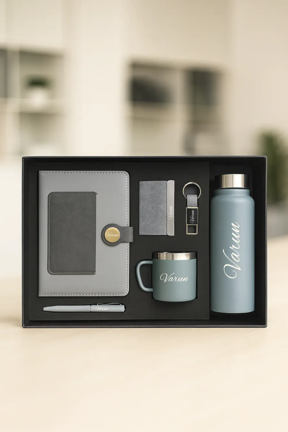 Grey Dual Shade Metal Flip  Diary, Bottle, Mug, Cardholder, Pen &amp; Keychain (Personalized Corporate 6pc Combo)