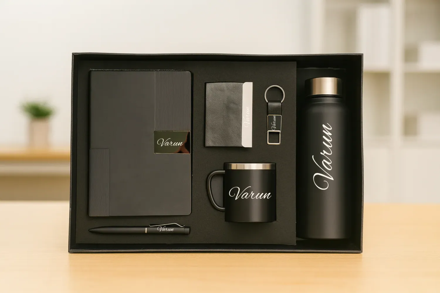 Black Nexon Leather Diary, Bottle, Mug, Cardholder, Pen &amp; Keychain (Personalized Corporate 6pc Combo)