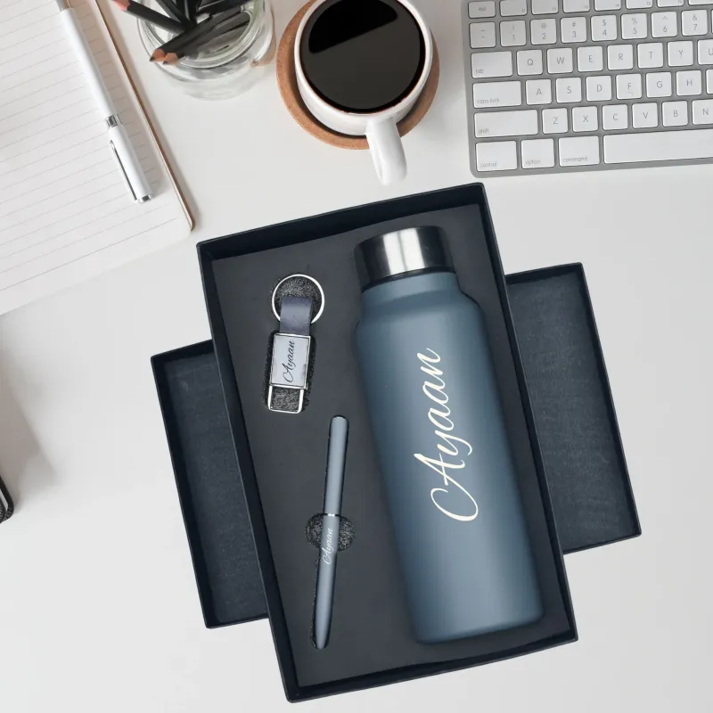 Personalized Grey Bottle, Pen &amp; Keychain Combo