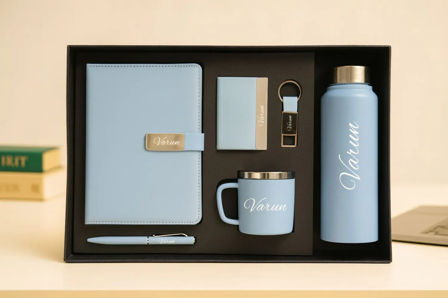 Sky Blue Metal Flip  Diary, Bottle, Mug, Cardholder, Pen &amp; Keychain (Personalized Corporate 6pc Combo)