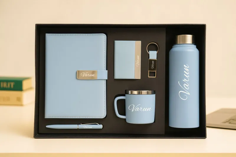 Sky Blue Metal Flip  Diary, Bottle, Mug, Cardholder, Pen &amp; Keychain (Personalized Corporate 6pc Combo)