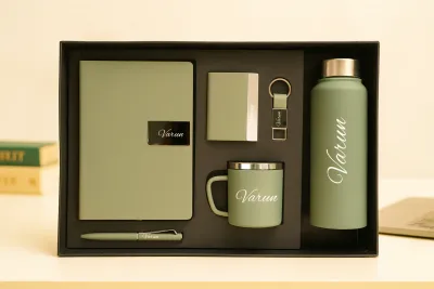 Light Green Nexon Leather Diary, Bottle, Mug, Cardholder, Pen &amp; Keychain (Personalized Corporate 6pc Combo)
