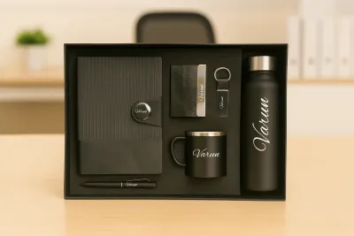 Black Nexon Leather Flip Diary, Bottle, Mug, Cardholder, Pen &amp; Keychain (Personalized Corporate 6pc Combo)