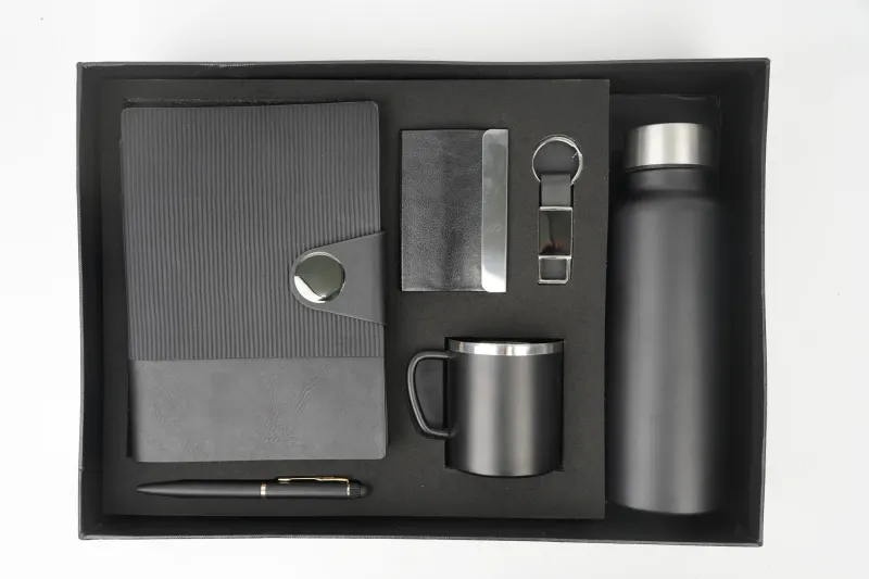 Black Nexon Leather Flip Diary, Bottle, Mug, Cardholder, Pen &amp; Keychain (Personalized Corporate 6pc Combo)