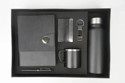 Black Nexon Leather Flip Diary, Bottle, Mug, Cardholder, Pen &amp; Keychain (Personalized Corporate 6pc Combo)