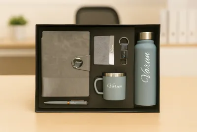 Grey Nexon Leather Flip Diary, Bottle, Mug, Cardholder, Pen &amp; Keychain (Personalized Corporate 6pc Combo)