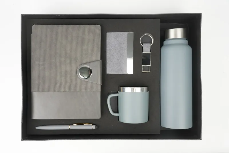 Grey Nexon Leather Flip Diary, Bottle, Mug, Cardholder, Pen &amp; Keychain (Personalized Corporate 6pc Combo)