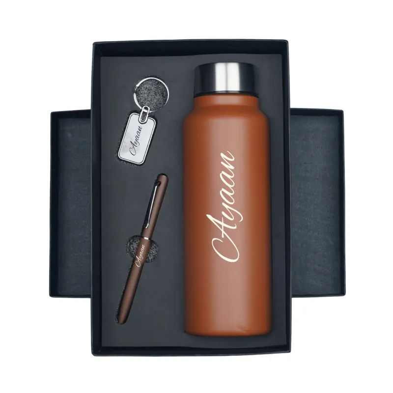 Personalized Tan Brown Bottle, Pen &amp; Keychain Combo
