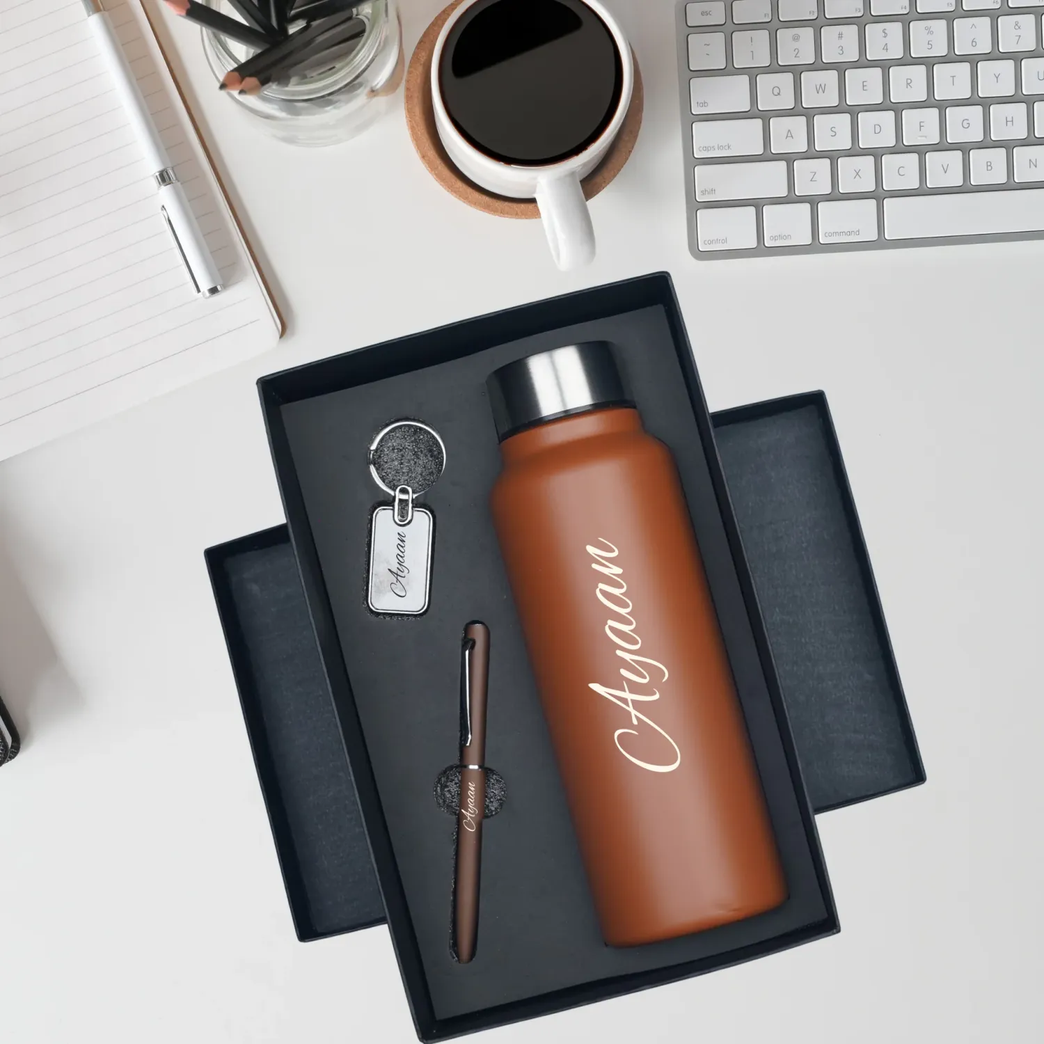 Personalized Tan Brown Bottle, Pen &amp; Keychain Combo