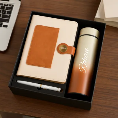 Personalized Dual Shade Diary, Metal Pen, Dual Colour Temperature Bottle - Cram and Brown Colour