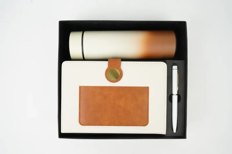 Personalized Dual Shade Diary, Metal Pen, Dual Colour Temperature Bottle - Cram and Brown Colour
