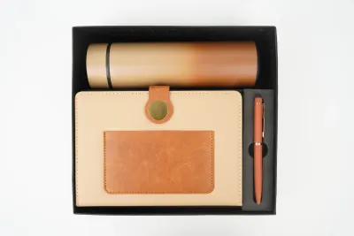 Personalized Dual Shade Diary, Metal Pen, Dual Colour Temperature Bottle - Tan and Brown Colour