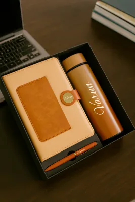 Personalized Dual Shade Diary, Metal Pen, Dual Colour Temperature Bottle - Tan and Brown Colour