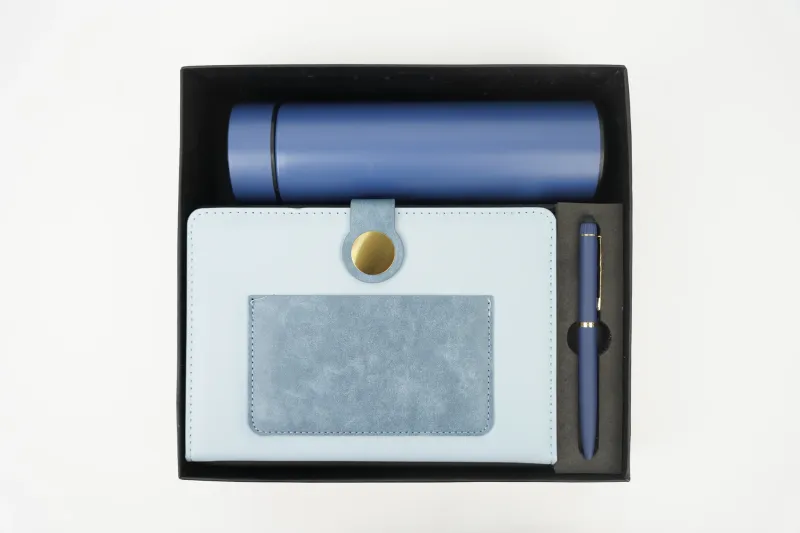 Personalized Dual Shade Diary, Metal Pen, Dual Colour Temperature Bottle - Blue Colour