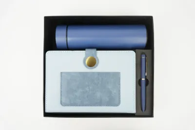 Personalized Dual Shade Diary, Metal Pen, Dual Colour Temperature Bottle - Blue Colour
