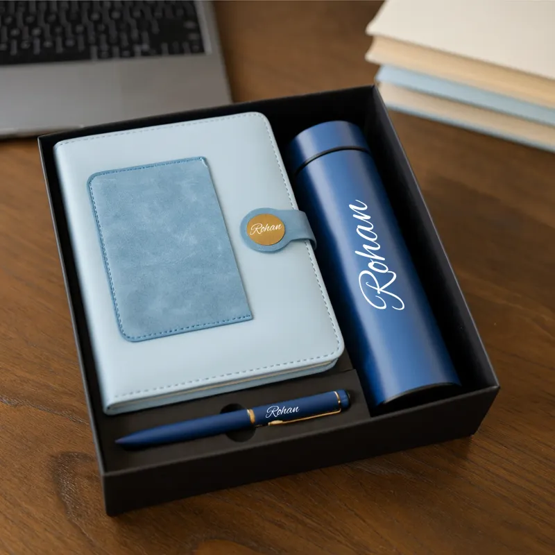Personalized Dual Shade Diary, Metal Pen, Dual Colour Temperature Bottle - Blue Colour