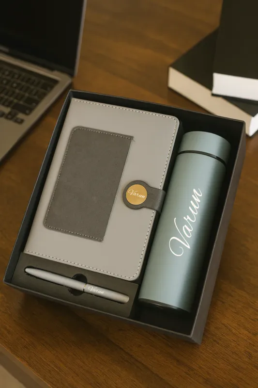Personalized Dual Shade Diary, Metal Pen, Dual Colour Temperature Bottle - Grey Colour