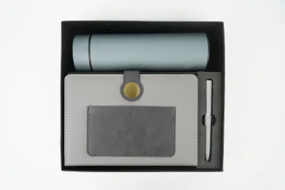 Personalized Dual Shade Diary, Metal Pen, Dual Colour Temperature Bottle - Grey Colour