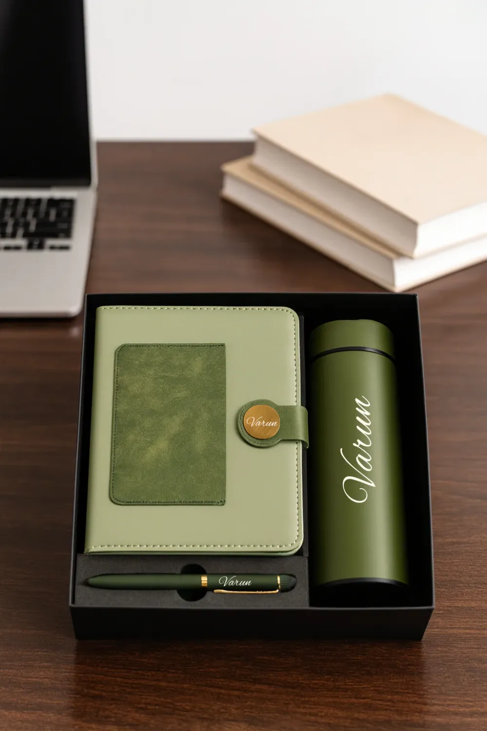 Personalized Dual Shade Diary, Metal Pen, Dual Colour Temperature Bottle - Green Colour