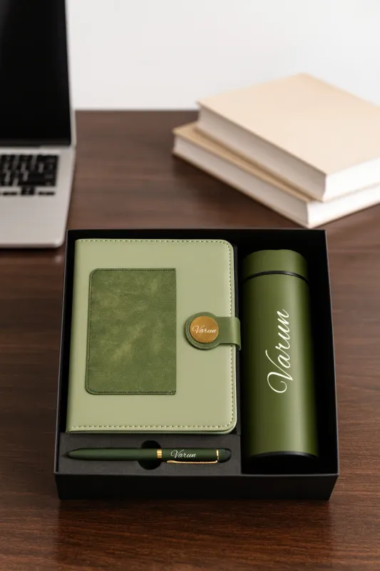 Personalized Dual Shade Diary, Metal Pen, Dual Colour Temperature Bottle - Green Colour