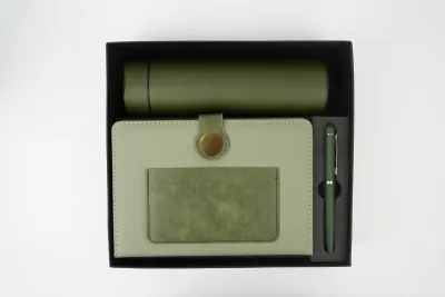 Personalized Dual Shade Diary, Metal Pen, Dual Colour Temperature Bottle - Green Colour