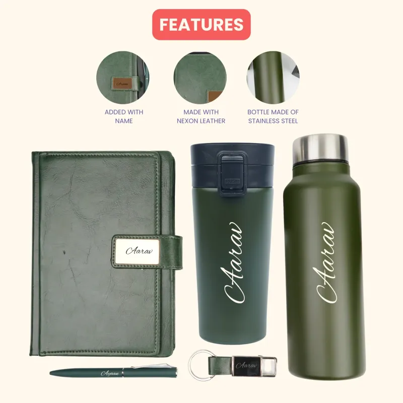 Green Executive Personalized Corporate Combo (5in1) - Bottle, Flask, Diary, Pen and Keychain