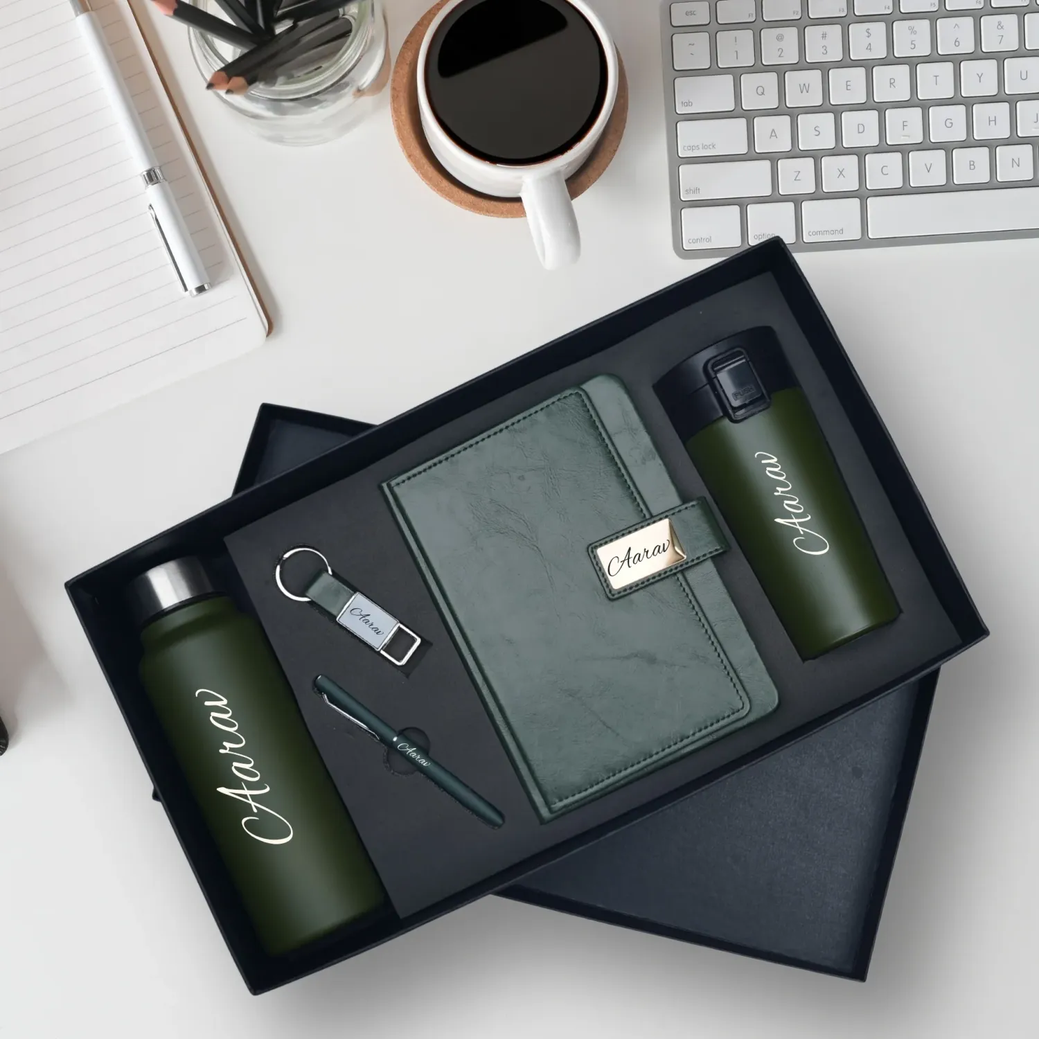Green Executive Personalized Corporate Combo (5in1) - Bottle, Flask, Diary, Pen and Keychain