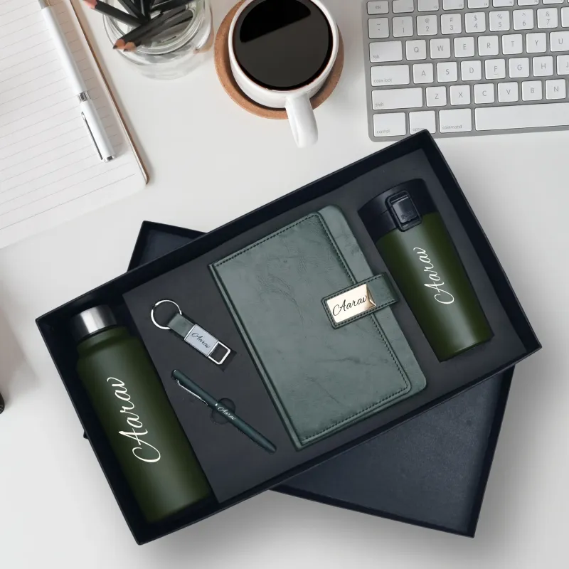 Green Executive Personalized Corporate Combo (5in1) - Bottle, Flask, Diary, Pen and Keychain