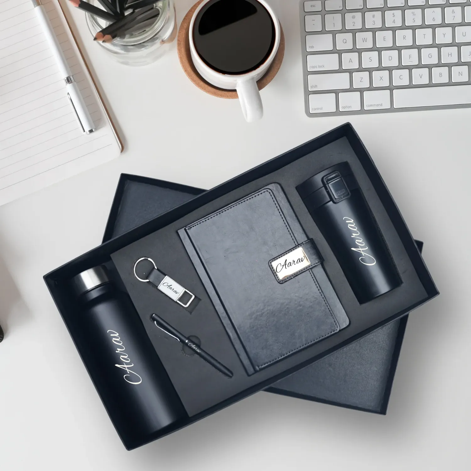 Black Executive Personalized Corporate Combo (5in1) - Bottle, Flask, Diary, Pen and Keychain