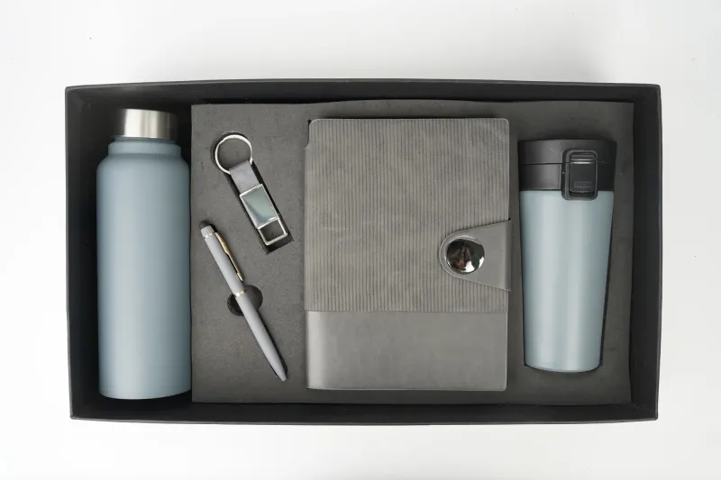 Grey Nexon Leather Flip Personalized Corporate Combo (5in1) - Bottle, Flask, Diary, Pen and Keychain