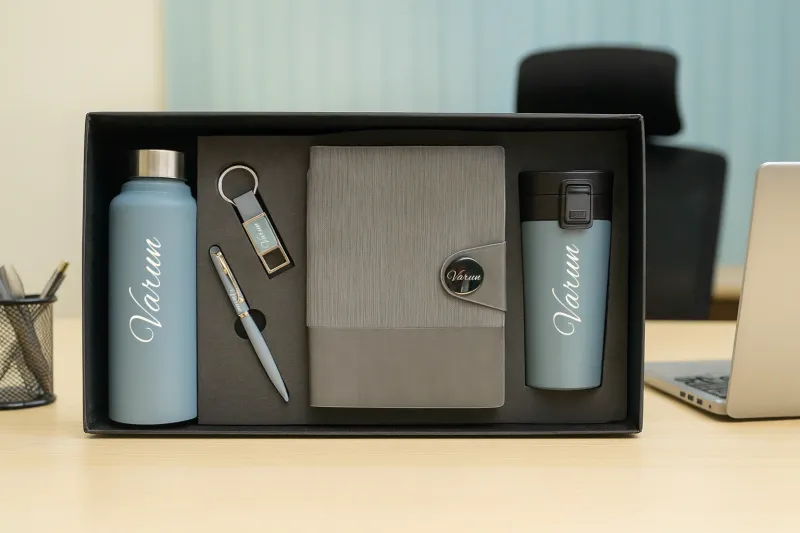 Grey Nexon Leather Flip Personalized Corporate Combo (5in1) - Bottle, Flask, Diary, Pen and Keychain