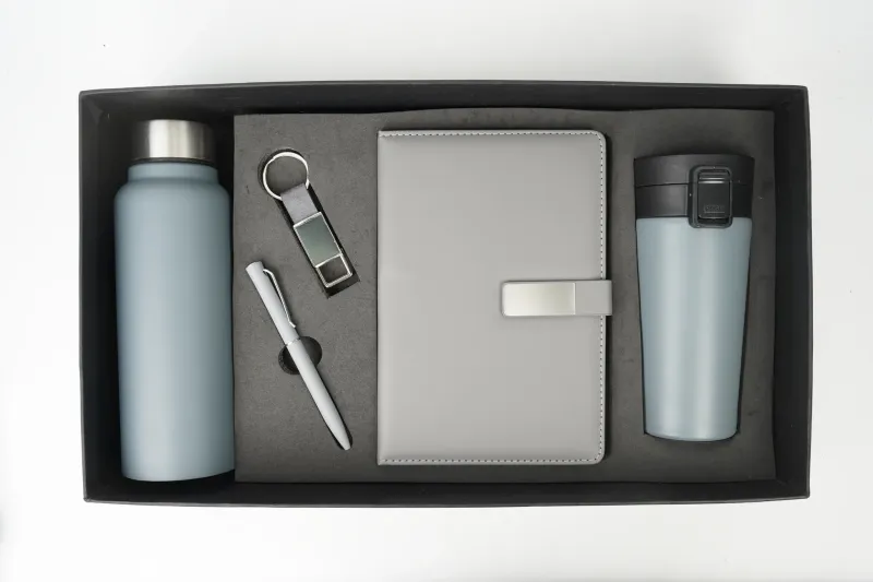 Grey Metal Flip Personalized Corporate Combo (5in1) - Bottle, Flask, Diary, Pen and Keychain