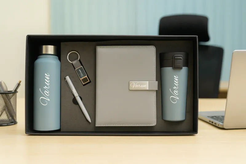 Grey Metal Flip Personalized Corporate Combo (5in1) - Bottle, Flask, Diary, Pen and Keychain