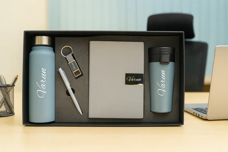 Grey Nexon Leather Personalized Corporate Combo (5in1) - Bottle, Flask, Diary, Pen and Keychain