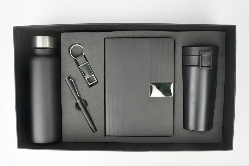 Black Nexon Leather Personalized Corporate Combo (5in1) - Bottle, Flask, Diary, Pen and Keychain
