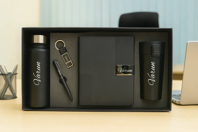 Black Nexon Leather Personalized Corporate Combo (5in1) - Bottle, Flask, Diary, Pen and Keychain
