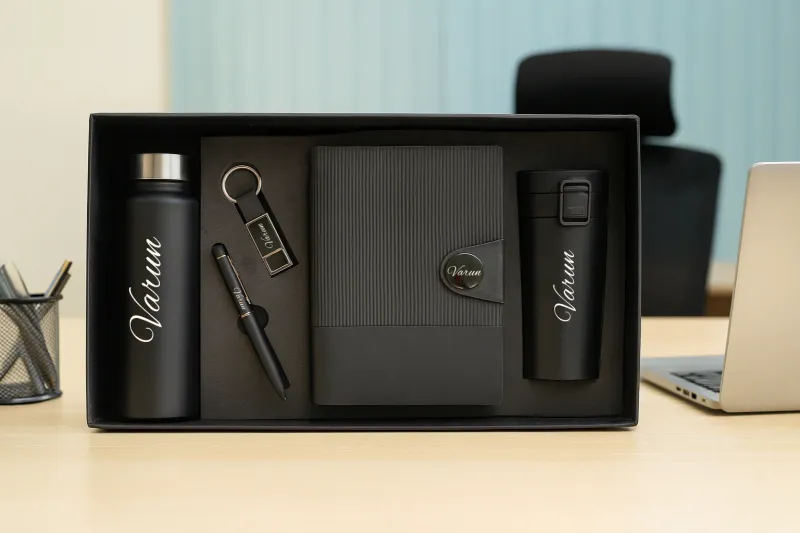 Black Nexon Leather Flip Personalized Corporate Combo (5in1) - Bottle, Flask, Diary, Pen and Keychain