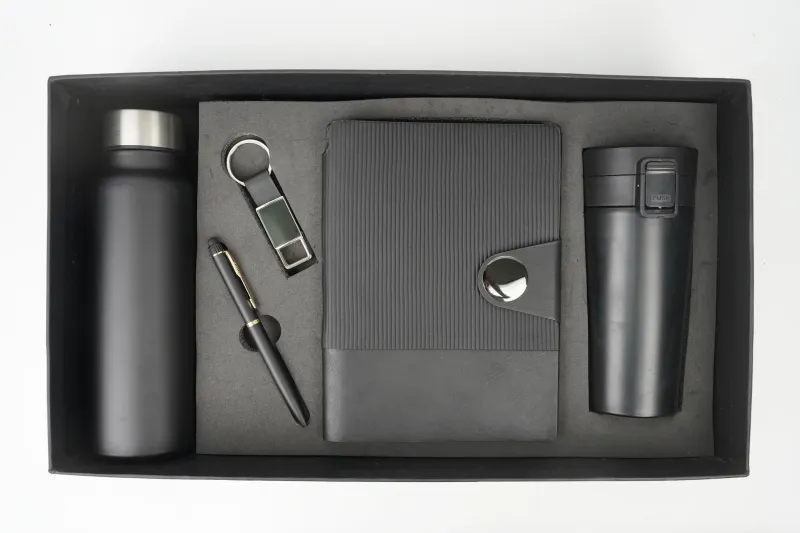 Black Nexon Leather Flip Personalized Corporate Combo (5in1) - Bottle, Flask, Diary, Pen and Keychain