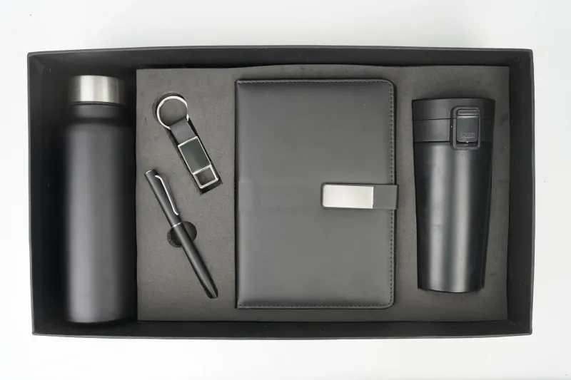 Black Metal Flip Personalized Corporate Combo (5in1) - Bottle, Flask, Diary, Pen and Keychain