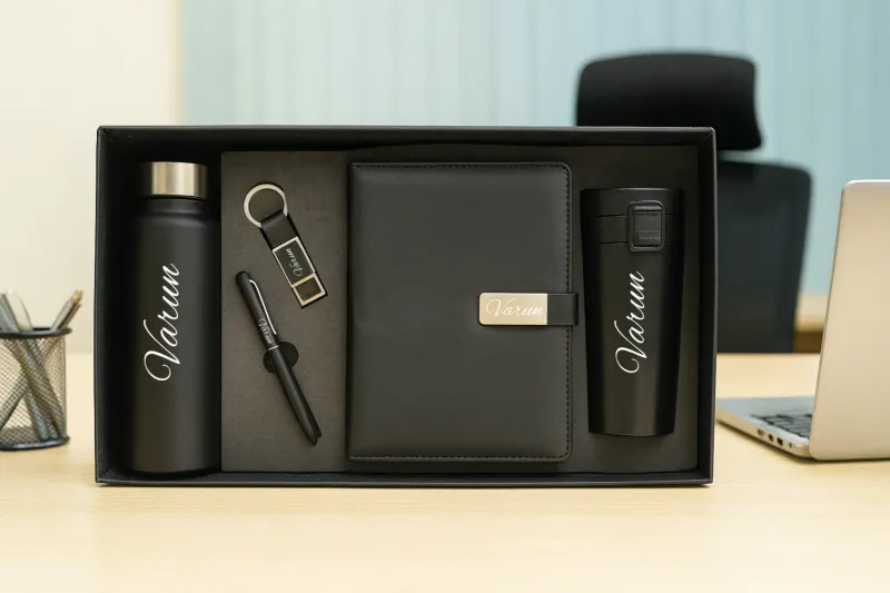 Black Metal Flip Personalized Corporate Combo (5in1) - Bottle, Flask, Diary, Pen and Keychain