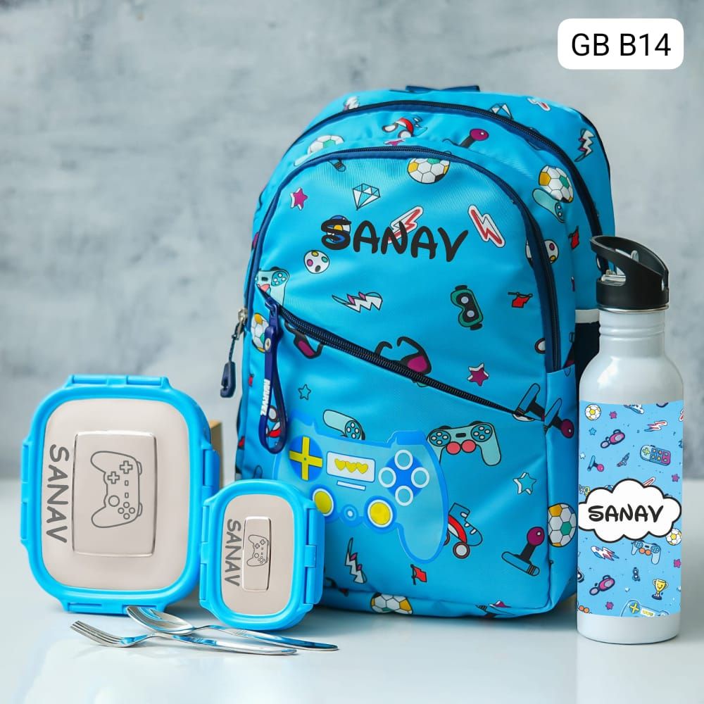 Personalized Kids Games Themed Blue School Bag (14 inches)