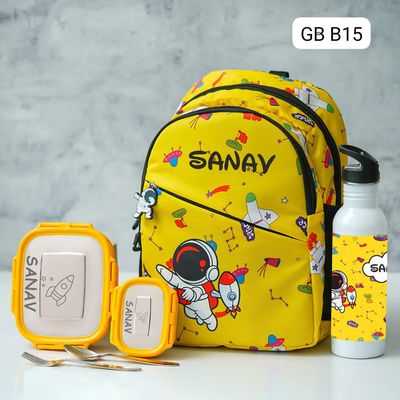 Personalized Kids Astronaut Themed Yellow School Bag (14 inches)