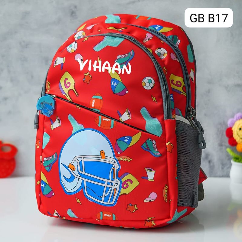 Personalized Kids Sports Themed Red School Bag (14 inches)